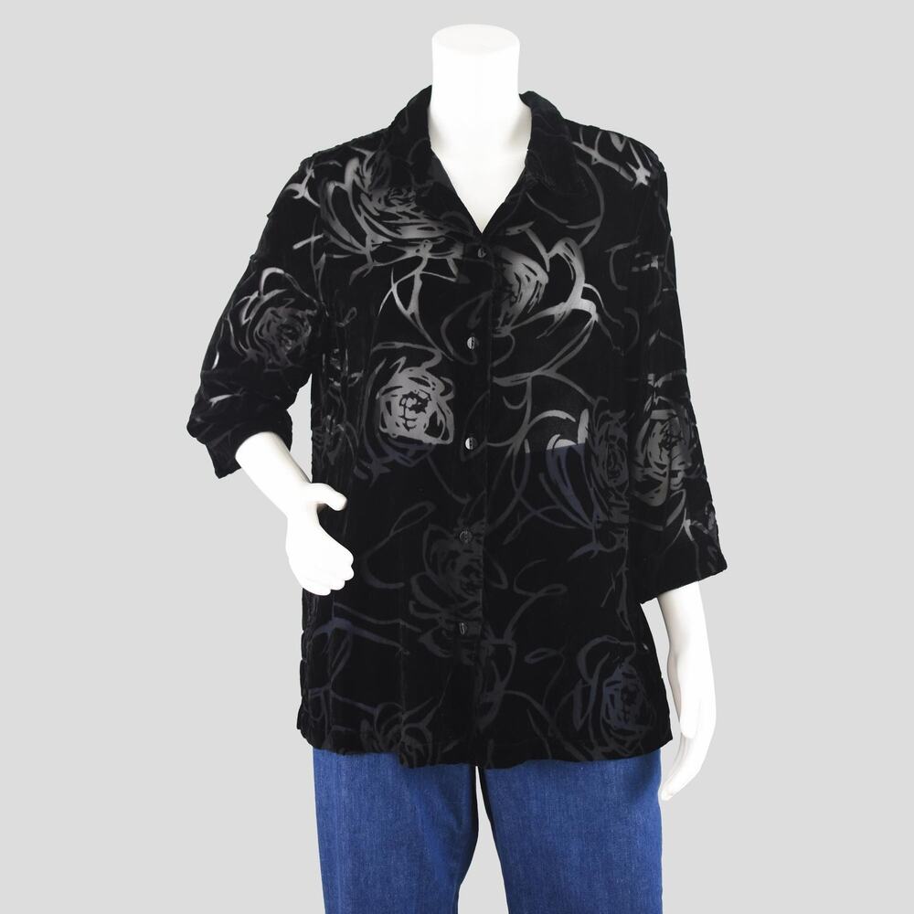 Vintage Black Velvet Burn Out Shirt, Semi Sheer Button Down Tunic, Women's XL